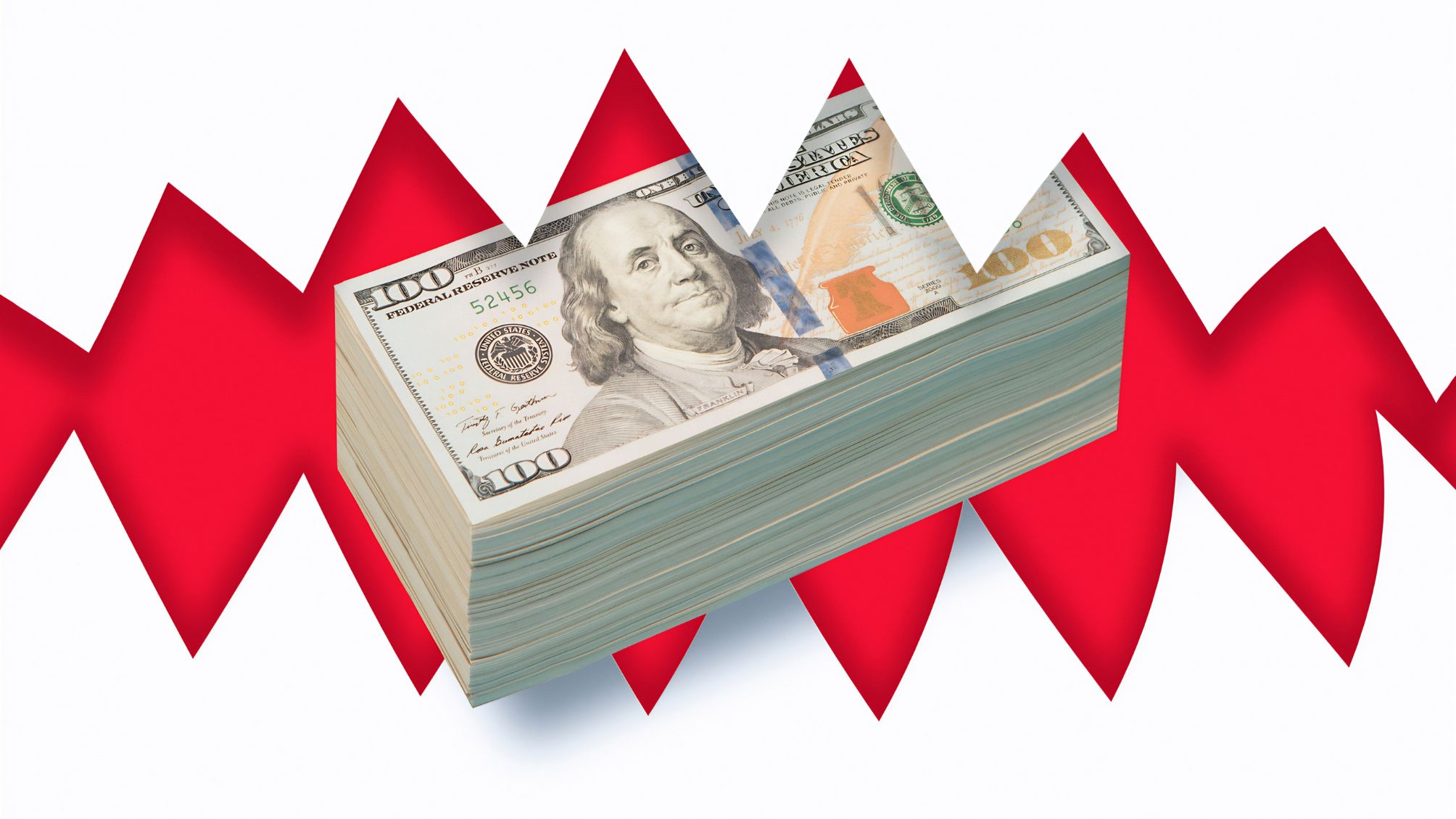 Stack of US $100 bills between graphic white teeth, red background