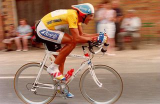 MONTLHERY FRANCE JULY 26 Miguel Indurain of Spain rides during the 19th stage of the Tour de France from BritignysurOrge to Montlhary 24 July 1993 Indurain finished second behind Swiss Tony Rominger in todays event but remains the overall leader Photo credit should read VINCENT AMALVYAFP via Getty Images