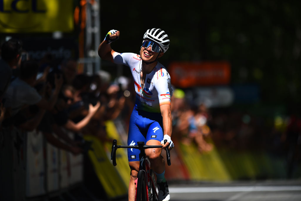 GAP FRANCE JUNE 10 Valentin Ferron of France and Team Total Energies celebrates winning during the 74th Criterium du Dauphine 2022 Stage 6 a 1964km stage from Rives to Gap 742m WorldTour Dauphin on June 10 2022 in Gap France Photo by Dario BelingheriGetty Images