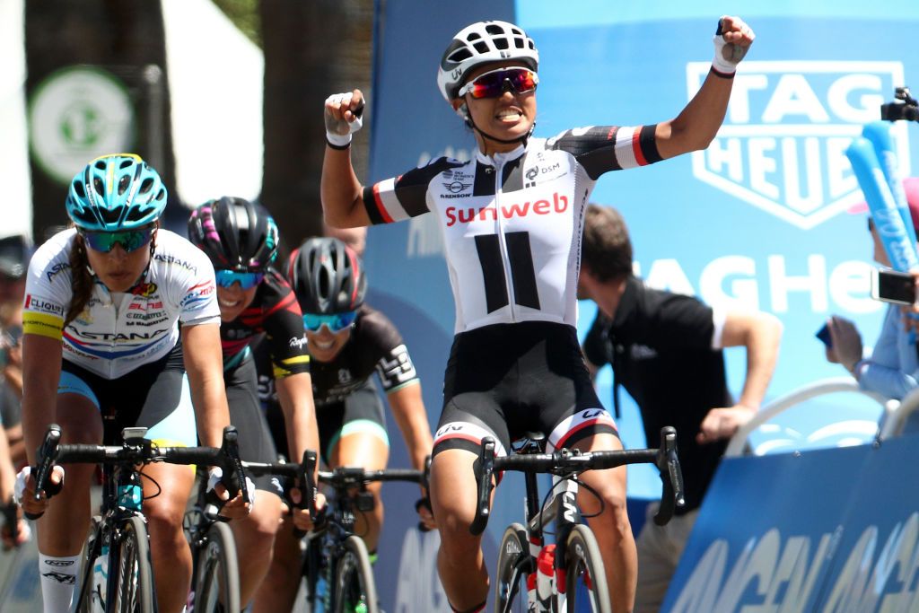 Coryn Rivera of the United States riding for Team Sunweb reacts after winning Stage 3 of the Amgen Breakaway From Heart Disease Women&#039;s Race empowered with SRAM from Elk Grove to Sacramento on May 13, 2017 in Sacramento, California.