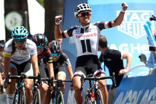 Coryn Rivera of the United States riding for Team Sunweb reacts after winning Stage 3 of the Amgen Breakaway From Heart Disease Women's Race empowered with SRAM from Elk Grove to Sacramento on May 13, 2017 in Sacramento, California.