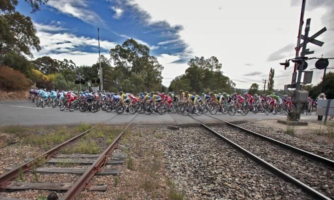 The Tour Down Under peloton crosses the tracks