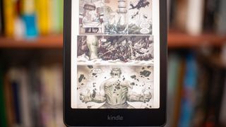 Amazon Kindle Colorsoft Signature edition e-reader showing graphic novels, cookbooks, and fiction, as well as settings