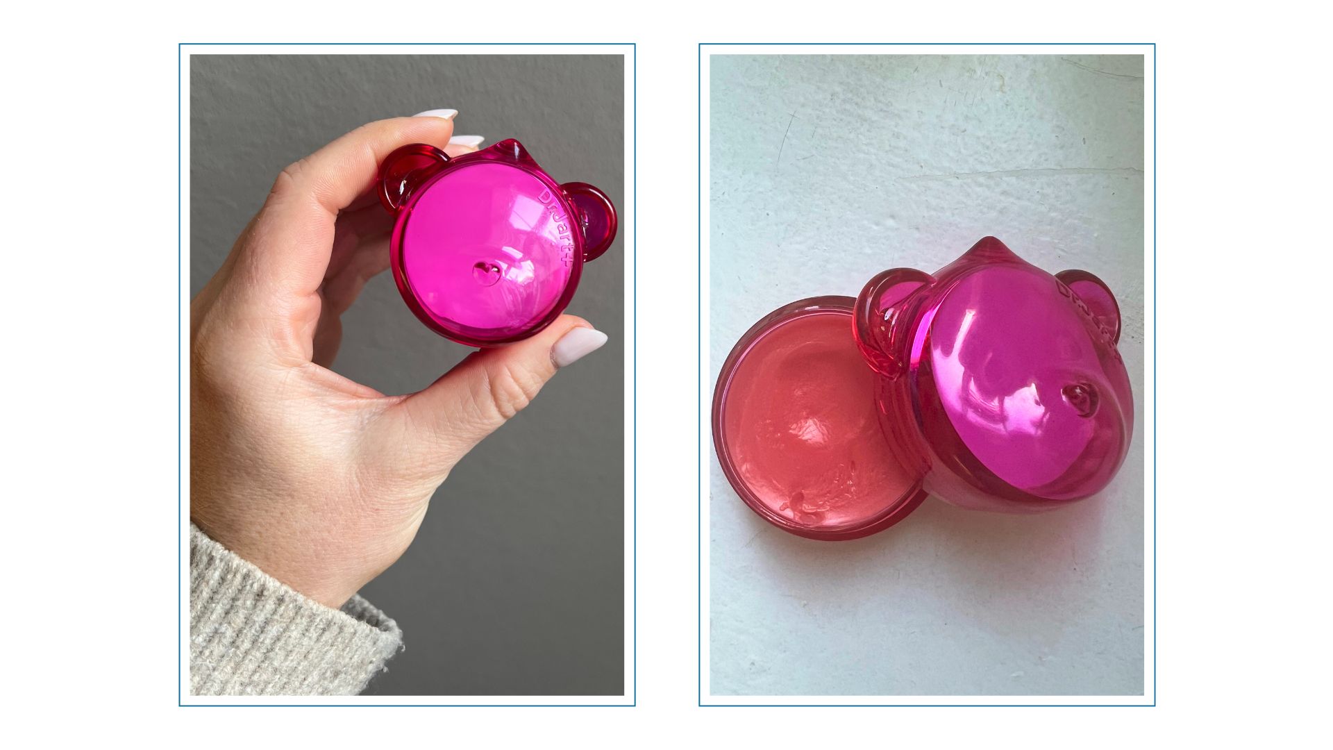 an image of a hand with white nails and a beige cardigan on holding a pot of Dr Jart Lip Mask