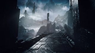 Game illustration with shiny black bridge leads to a rugged landscape in the background with floating pillars