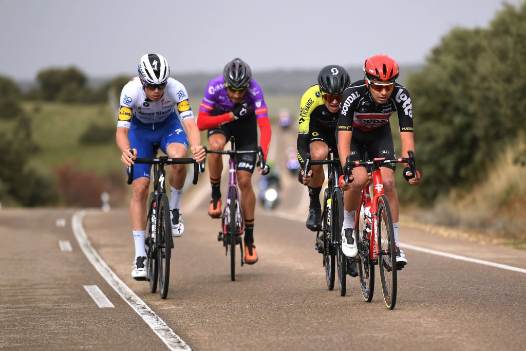 CIUDADRODRIGO SPAIN NOVEMBER 06 Remi Cavagna of France and Team Deceuninck QuickStep Jesus Ezquerra Muela of Spain and Team Burgos BH Robert Stannard of Australia and Team Mitchelton Scott Kobe Goossens of Belgium and Team Lotto Soudal Breakaway during the 75th Tour of Spain 2020 Stage 16 a 162km stage from Salamanca to Ciudad Rodrigo lavuelta LaVuelta20 La Vuelta on November 06 2020 in Ciudad Rodrigo Spain Photo by David RamosGetty Images