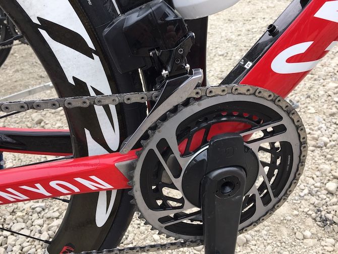 A look at the front derailleur and what appeared to be a new Quarq power meter crankset