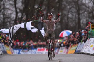Mathieu van der Poel celebrates his win