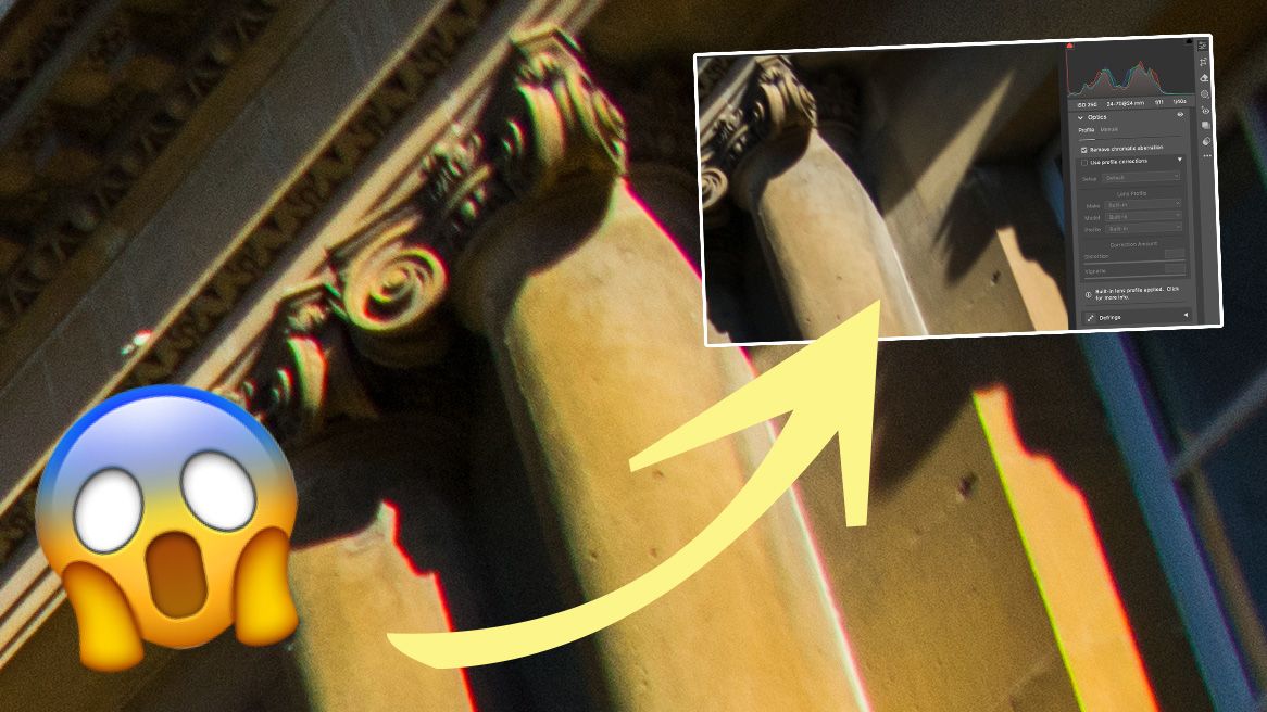 Screaming emoji next to image of pillar with noticeable chromatic aberration. An arrow pointing to an inset screenshot of Camera Raw and the Optics tab fixing the chromatic aberration 