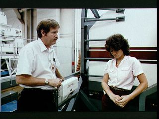 Astronaut Sally Ride after a training session at the space shuttle simulator.