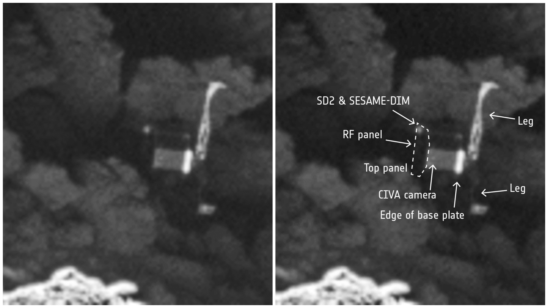 side by side images of the Rosetta Philae lander on the surface of Comet 67p