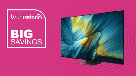 Samsung S95F OLED TV on a pink background with "Big Savings" text in white, along with the TechRadar logo.