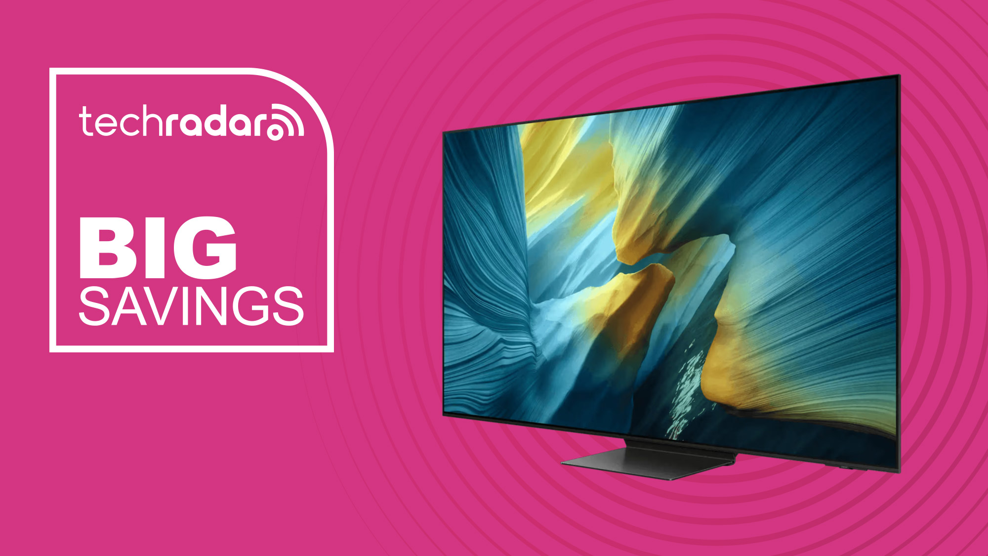 Samsung S95F OLED TV on a pink background with "Big Savings" text in white, along with the TechRadar logo.