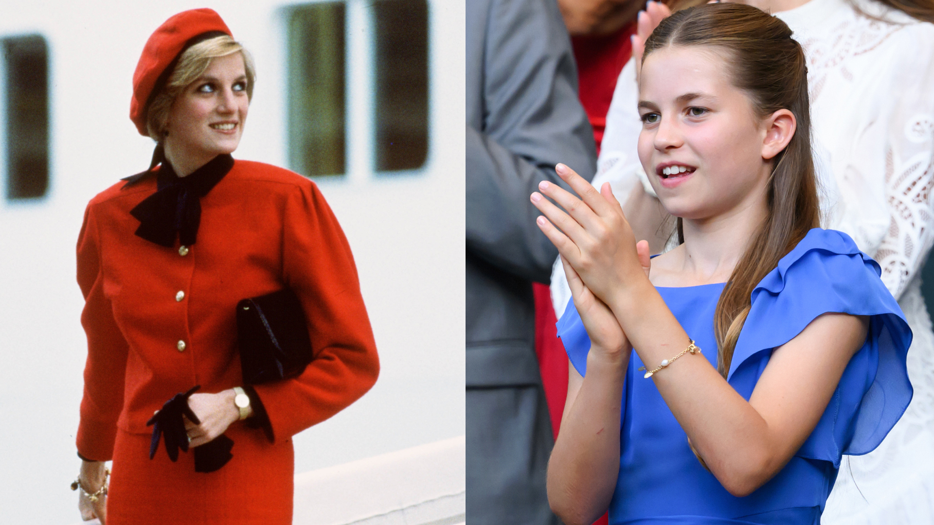 A split image of Princess Diana in a red dress and hat and Princess Charlotte wearing a blue dress, clapping at Wimbledon