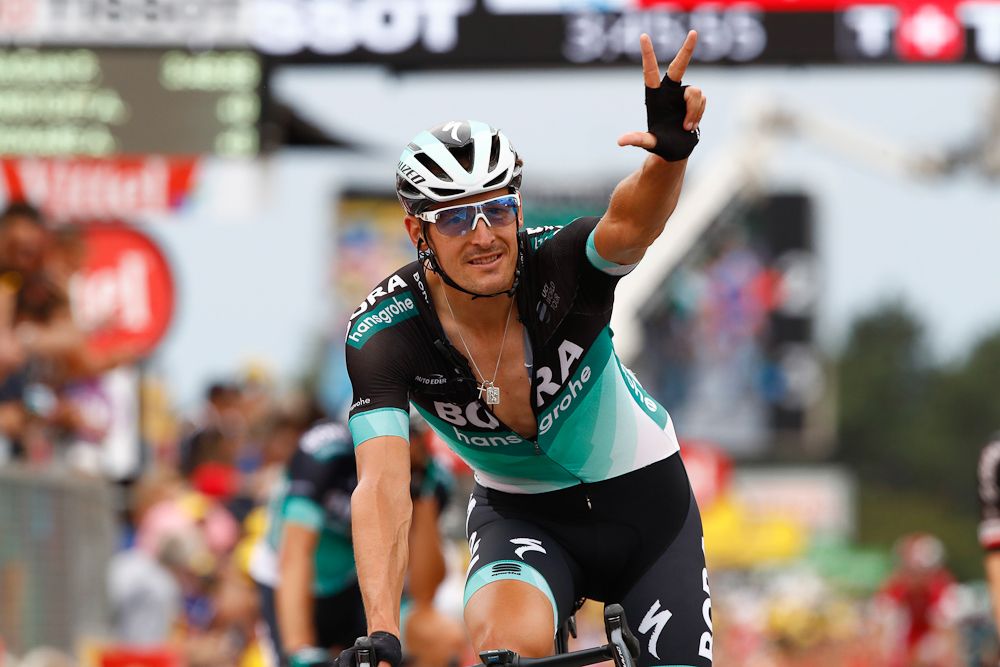 Marcus Burghardt celebrates Sagan's win on stage 13 at the Tour de France