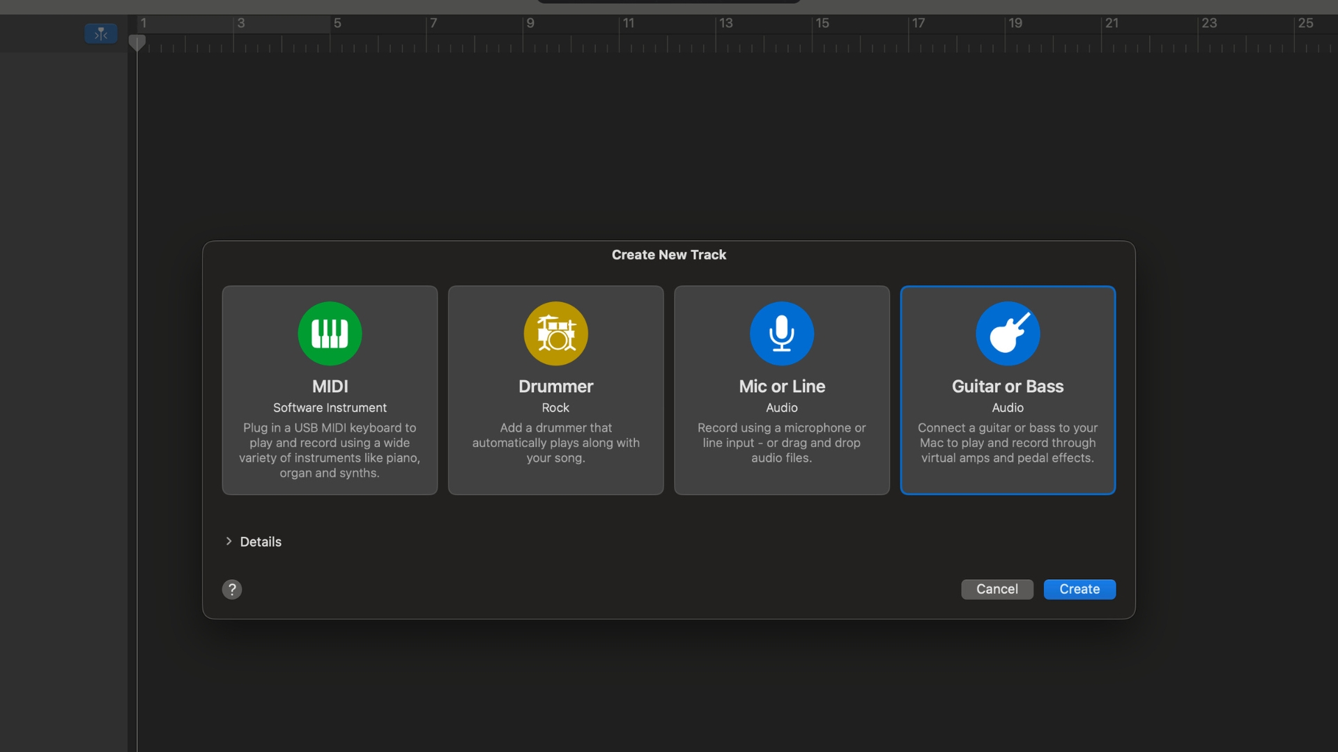 A screenshot of the track add menu from Apple's GarageBand DAW