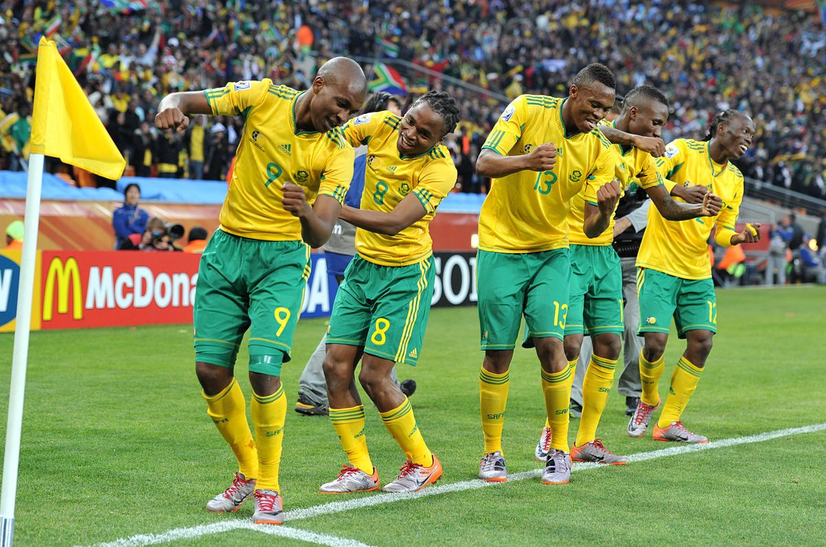 South Africa players dance in celebration after Siphiwe Tshabalala's goal against Mexico in the opening match of the 2010 World Cup in South Africa