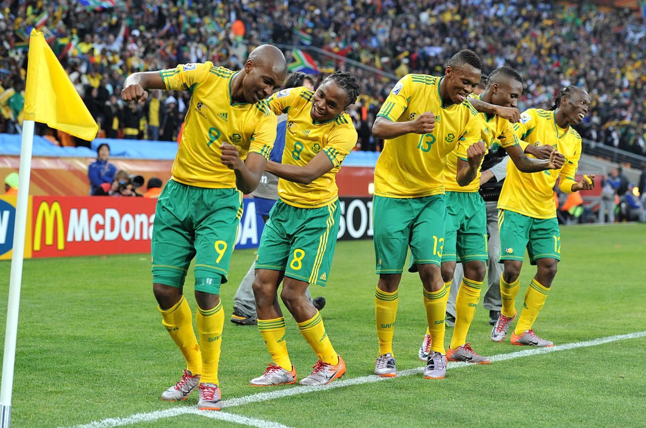 South Africa players dance in celebration after Siphiwe Tshabalala's goal against Mexico in the opening match of the 2010 World Cup in South Africa