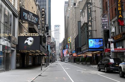 Closed broadway theaters during the coronavirus pandemic on April 08, 2020 in New York City. The Broadway League announced today that theaters will remain closed until June 7, effectively end