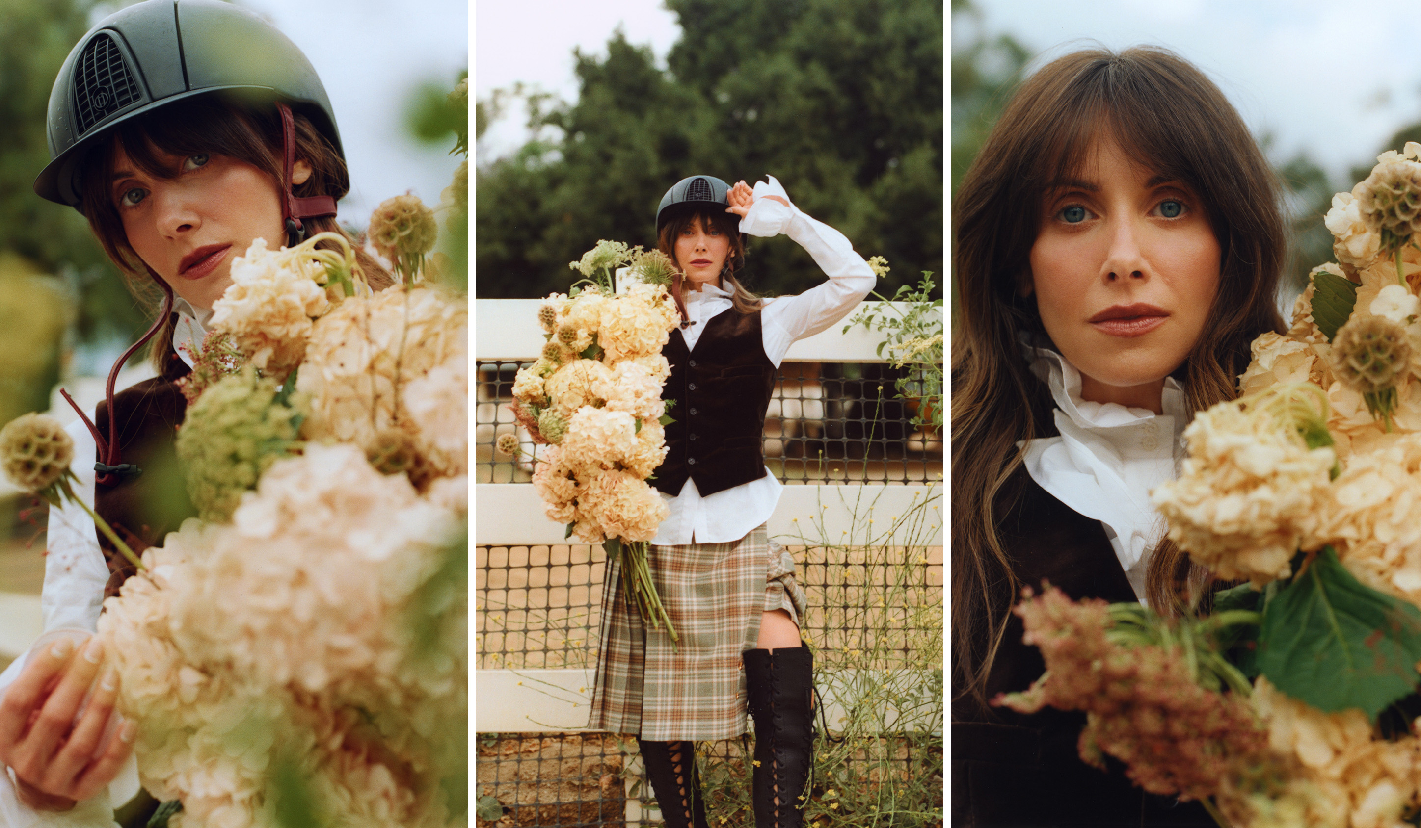 Alison Brie wears equestrian gear outside on a farm