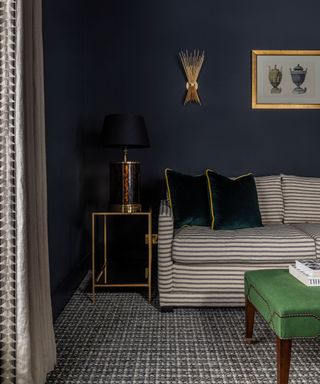 navy living room with striped sofa