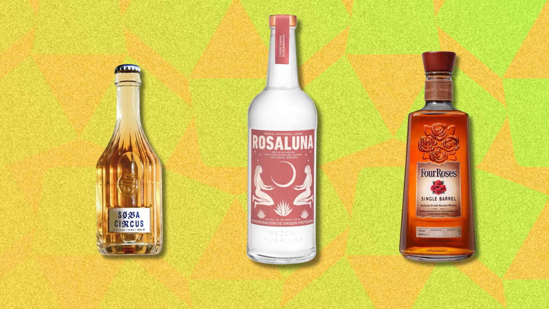 an image of three of the features bottles, from L-R Soba Circus, Rosaluna Mezcal, and Four Roses bourbon