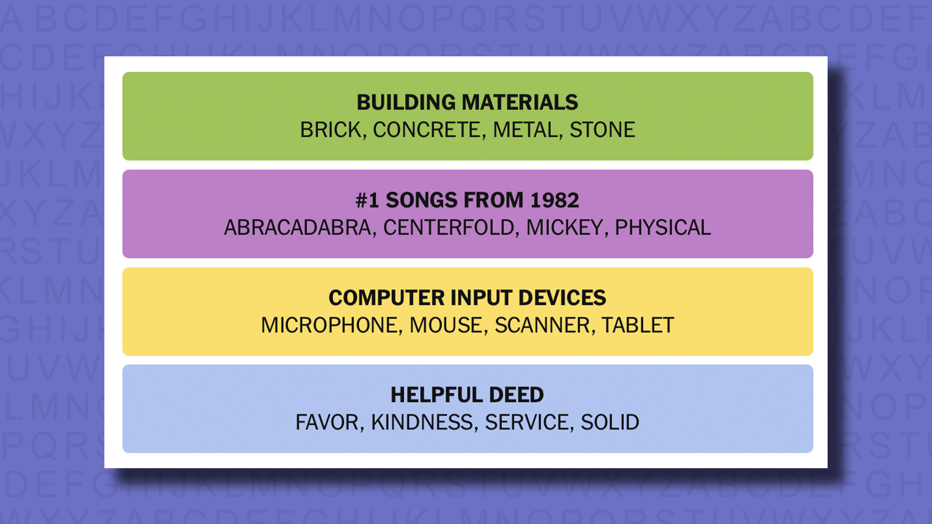 NYT Connections answers for game 637 on a purple background