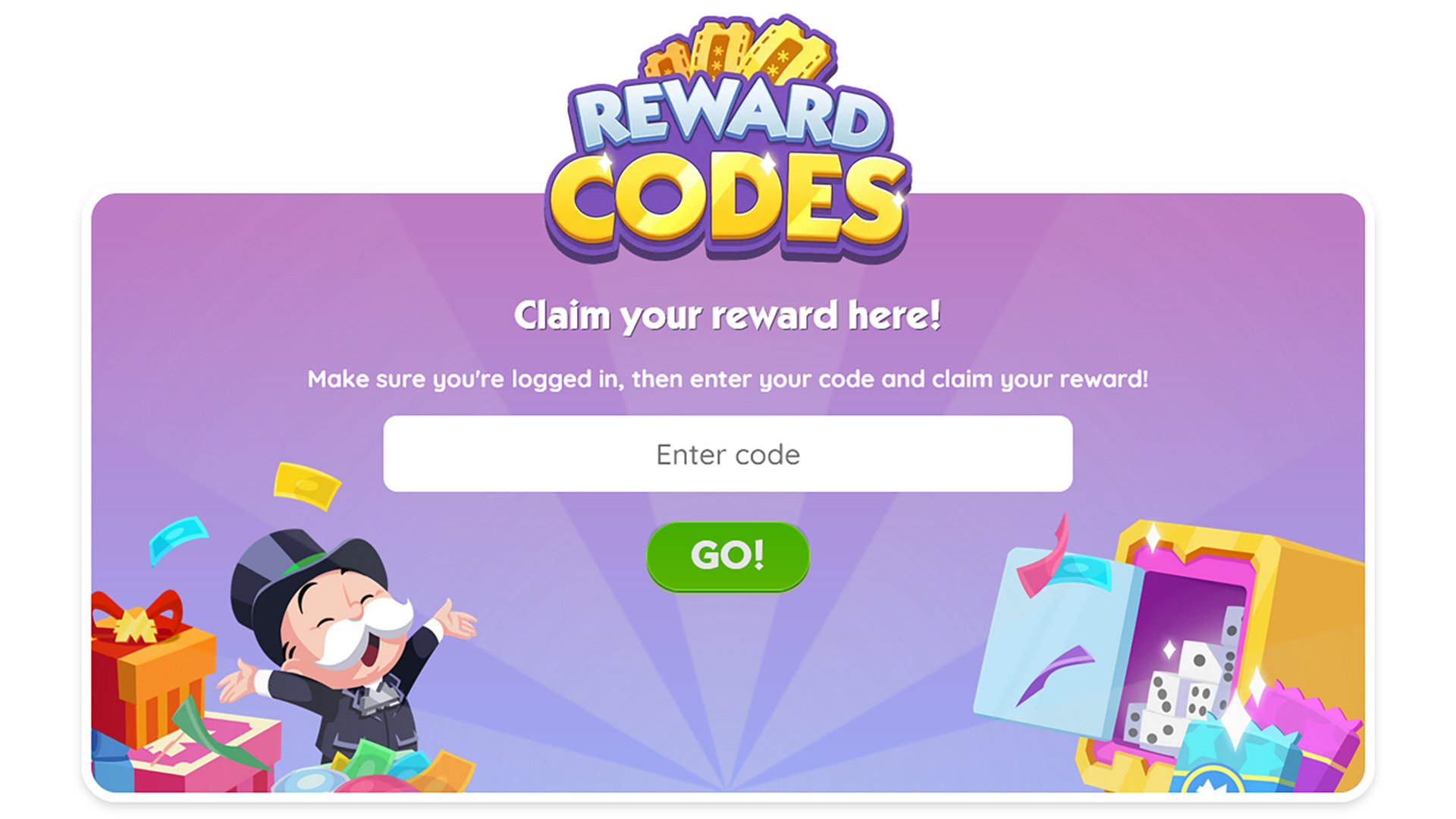 Monopoly Go reward codes claim page on the website