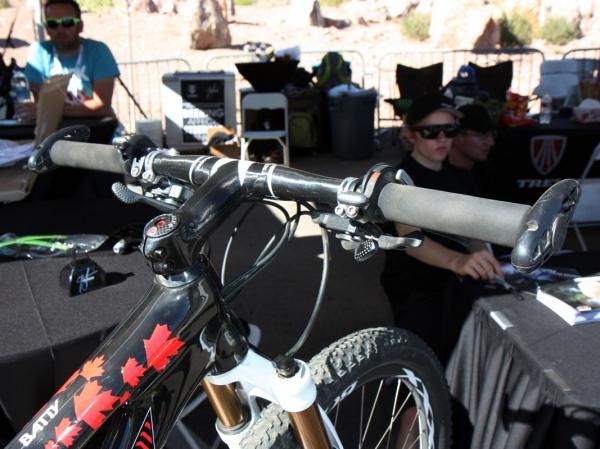 Emily Batty (Trek World Racing) is using a prototype Bontrager one-piece carbon fiber bar and stem - no word yet on when or if it might become available to consumers.