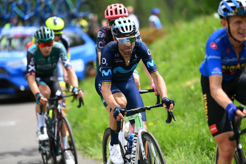 APRICA ITALY MAY 24 Alejandro Valverde Belmonte of Spain and Movistar Team competes in the breakaway during the 105th Giro dItalia 2022 Stage 16 a 202km stage from Sal to Aprica 1173m Giro WorldTour on May 24 2022 in Aprica Italy Photo by Tim de WaeleGetty Images