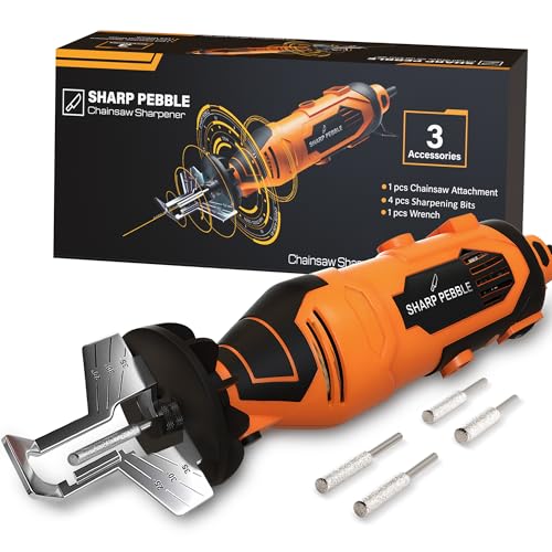 Sharp Pebble Electric Chainsaw Sharpener Kit - Comes With Chain Saw Sharpener Tool, 4 File Size Sharpening Wheel Bits, Angle Attachment, Wrench &amp;amp; Ebook