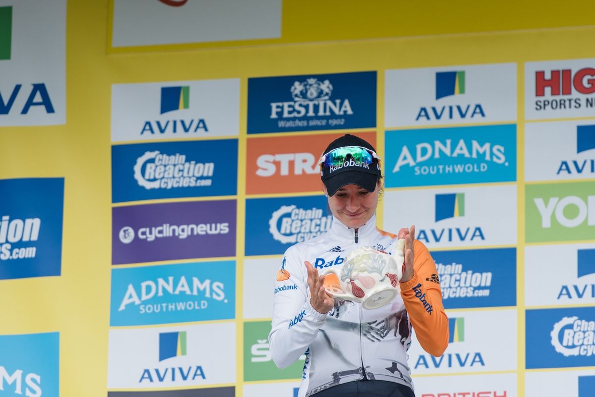 Marianna Vos on the podium at the Aviva Women's Tour after winning stage 4