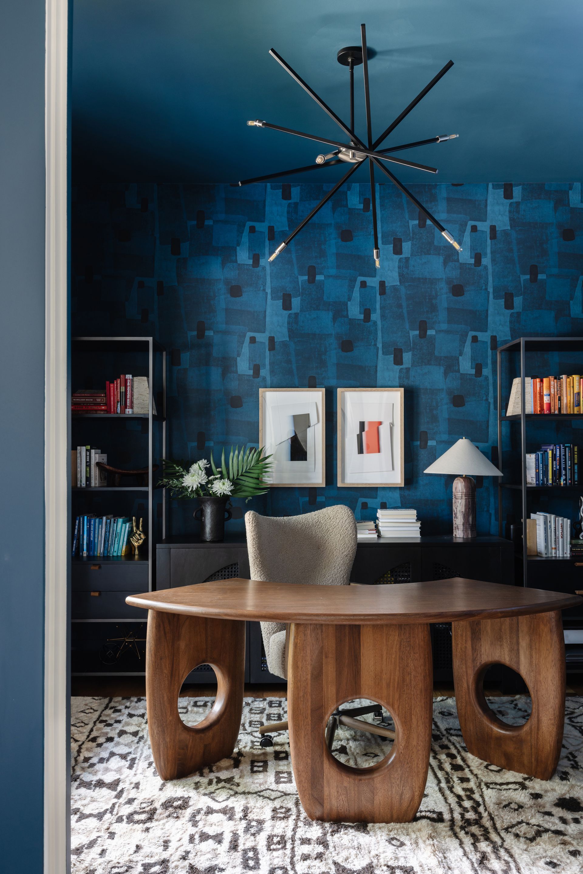 A curved desk in a home office