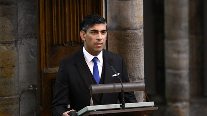 British Prime Minister, Rishi Sunak makes a speech during the Coronation of King Charles III and Queen Camilla on May 06, 2023 in London, England. The Coronation of Charles III and his wife, Camilla, as King and Queen of the United Kingdom of Great Britain and Northern Ireland, and the other Commonwealth realms takes place at Westminster Abbey today. Charles acceded to the throne on 8 September 2022, upon the death of his mother, Elizabeth II.