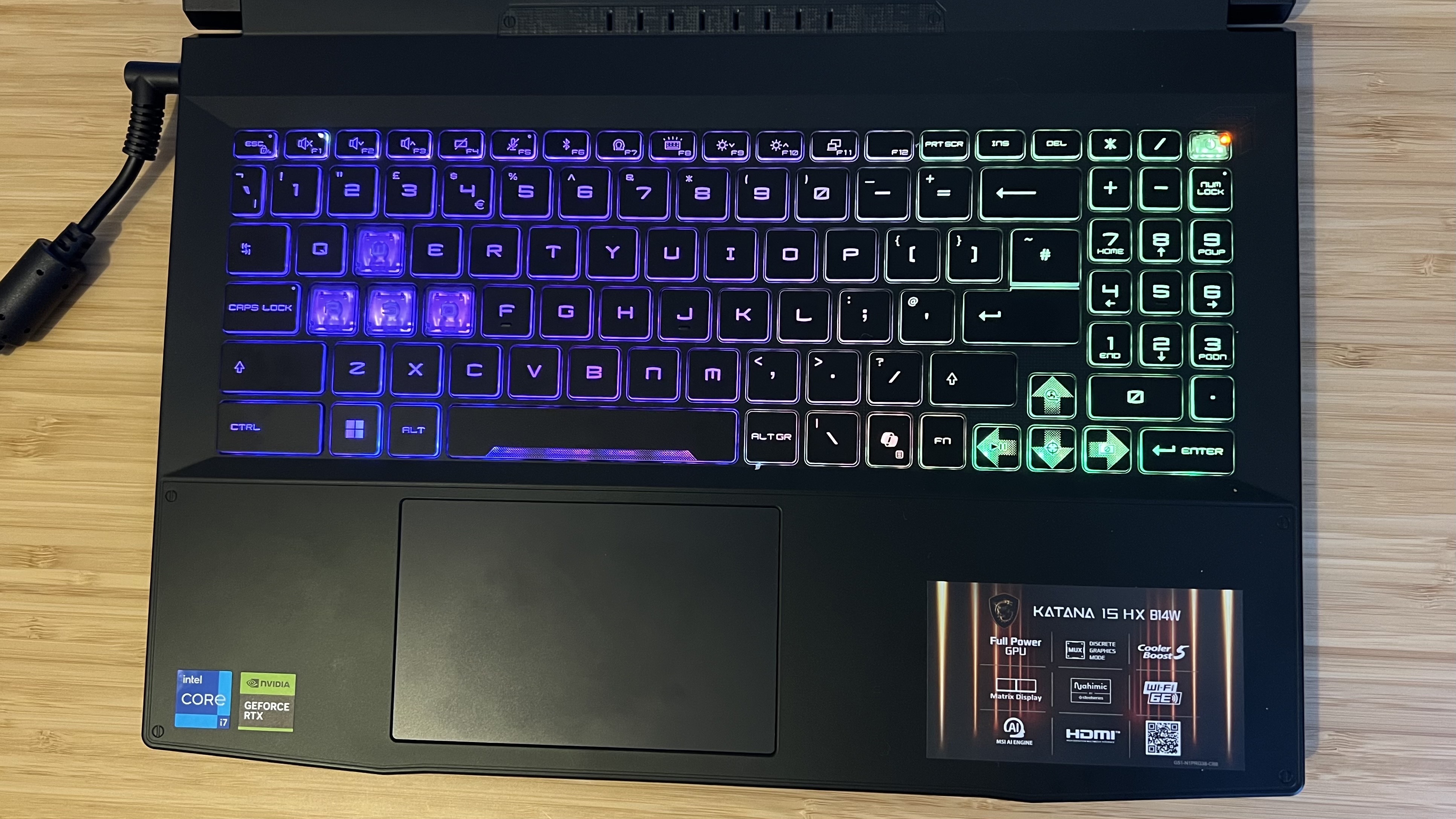 Top down view of MSI Katana gaming laptop keyboard