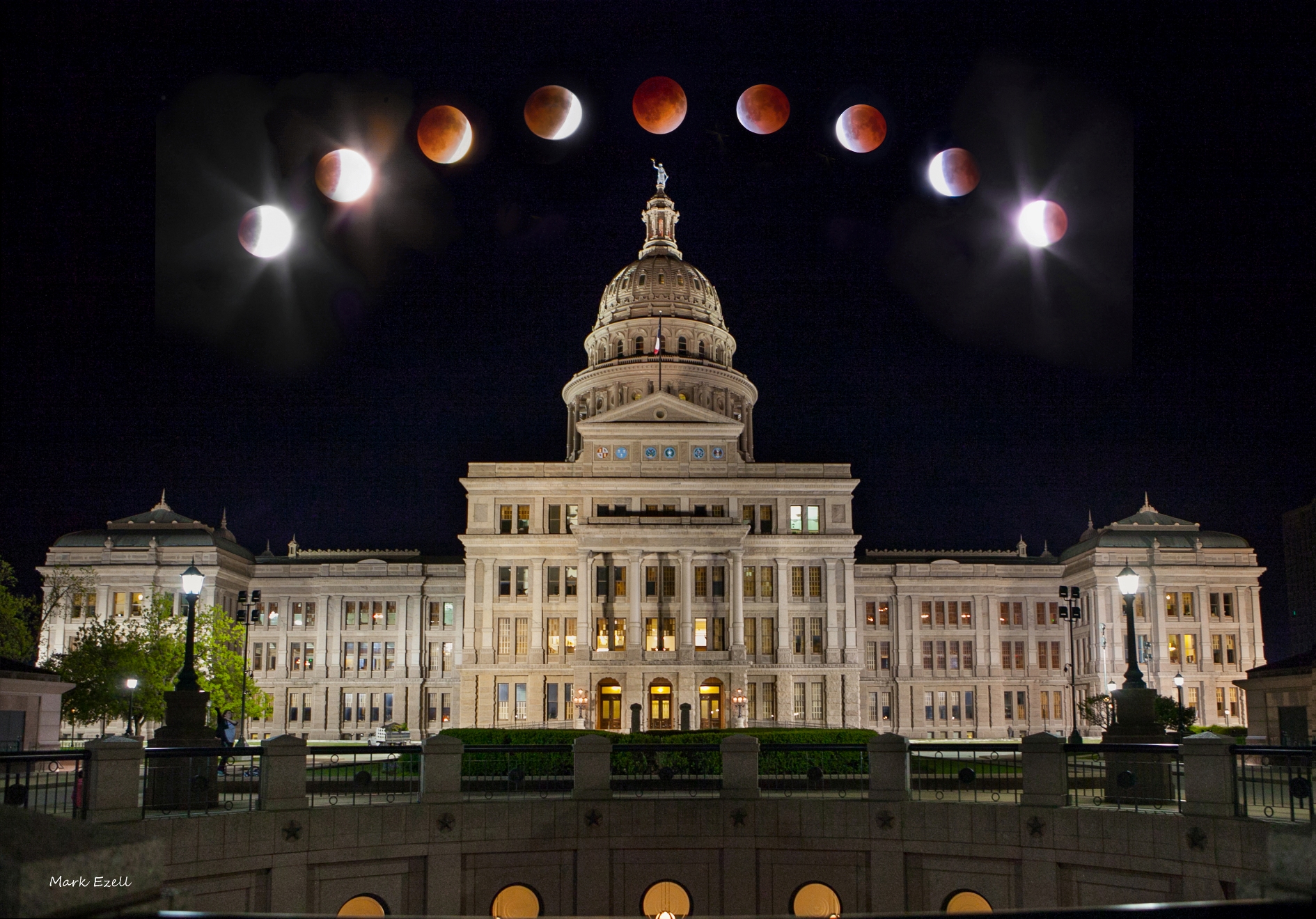 Blood Moon Lunar Eclipse Phases Over Texas Capitol Building (Photo
