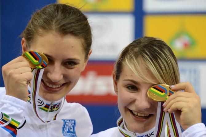 Women's team sprint world champions: Miriam Welte (L) and Kristina Vogel of Germany
