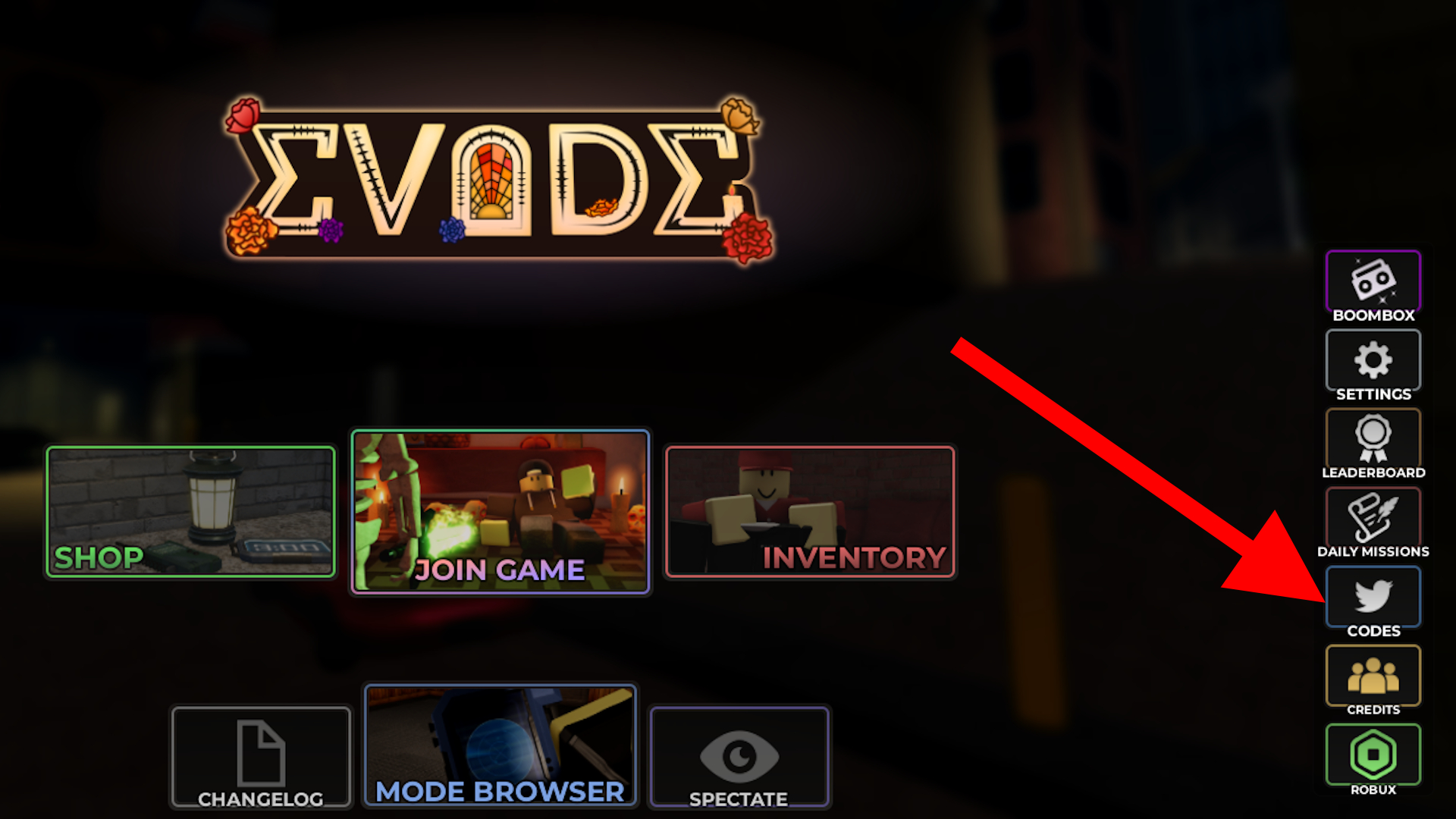 Roblox Evade - the location of the Code button in Evade