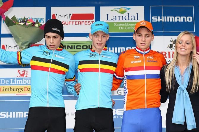 U23 men's podium at 'cross World Cup in Valkenburg (L-R): Wout Van Aert (Belgium), Michael Vanthourenhout (Belgium) and Mathieu van der Poel (Netherlands)