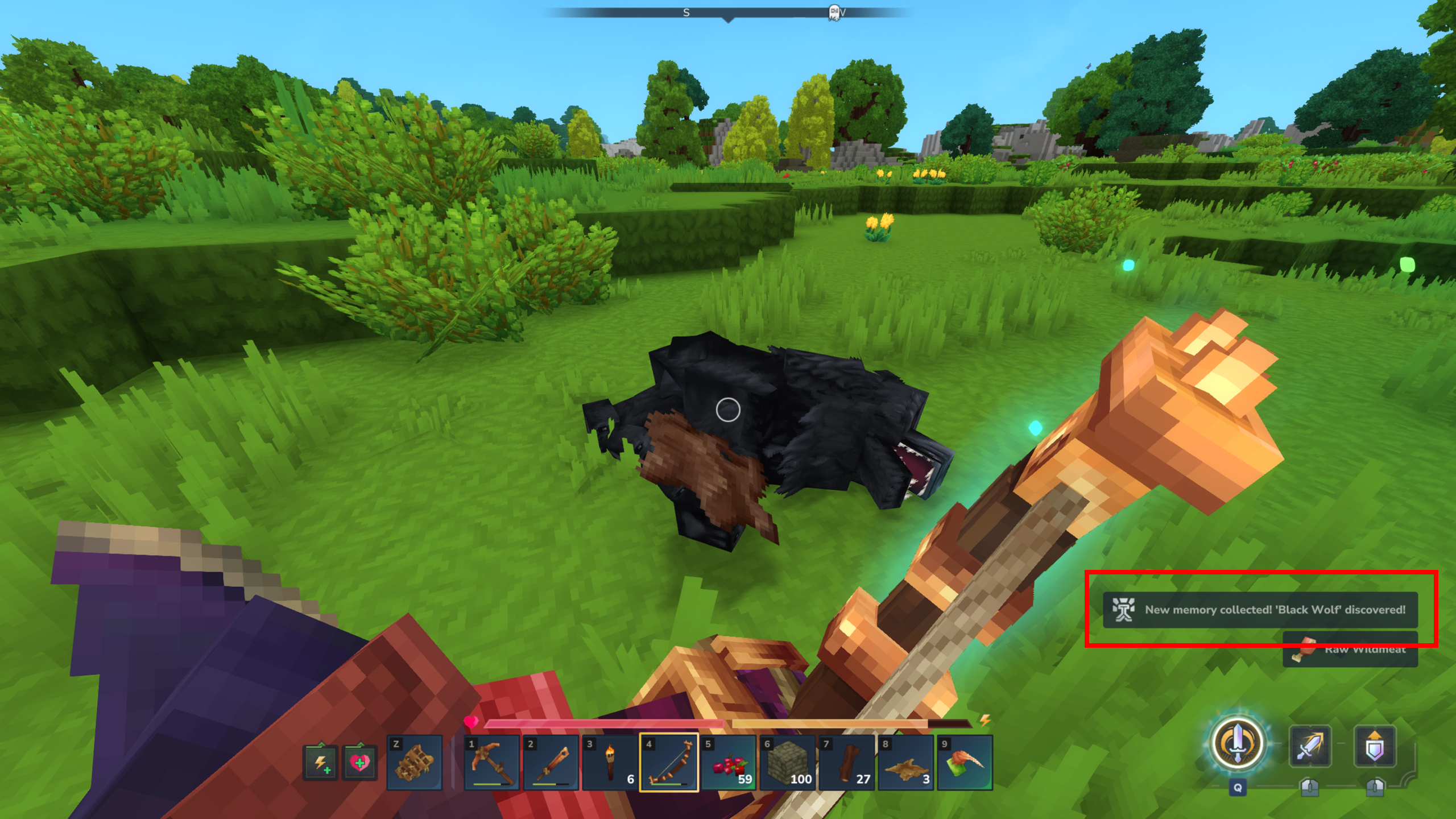 Hytale Memories: A player standing over a wolf, with a red box drawing attention to the Memory alert in the bottom right corner.