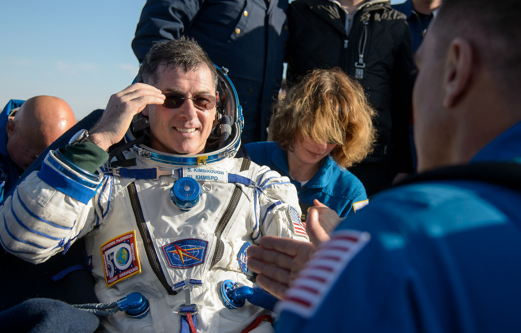 NASA astronaut Shane Kimbrough rests outside the Soyuz M-02 spacecraft shortly after he and Russian cosmonauts Sergey Ryzhikov and Andrey Borisenko touched down on the steppes of Kazakhstan April 10, 2017, after 173 days in space.