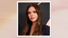 Victoria Beckham is pictured with long, brunette hair and wearing a black blazer at the premiere of "Lola" at Regency Bruin Theatre on February 03, 2024 in Los Angeles, California/ in a orange and pink gradient template