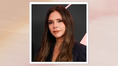 Victoria Beckham is pictured with long, brunette hair and wearing a black blazer at the premiere of &quot;Lola&quot; at Regency Bruin Theatre on February 03, 2024 in Los Angeles, California, in an orange and pink gradient template