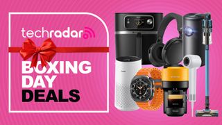 Assortment of tech and home appliances on a pink background with "Boxing Day deals" text overlay.