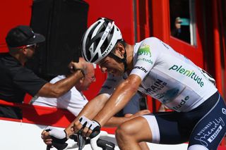 CAZORLA SPAIN AUGUST 24 Antonio Tiberi of Italy and Team Bahrain Victorious White Best Young Rider Jersey crosses the finish line during the La Vuelta 79th Tour of Spain 2024 Stage 8 a159km stage from Ubeda to Cazorla 1056m UCIWT on August 24 2024 in Cazorla Spain Photo by Dario BelingheriGetty Images