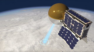 Artist's impression of CatSat with its antenna inflated in orbit around Earth. To compensate for any small leaks it may incur from encounters with space debris or micrometeorites, the engineers provided it with enough gas onboard to completely refill the 