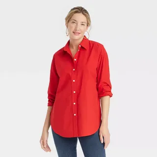 Women's Oversized Long Sleeve Collared Button-Down Shirt - Universal Thread™ Red Xl