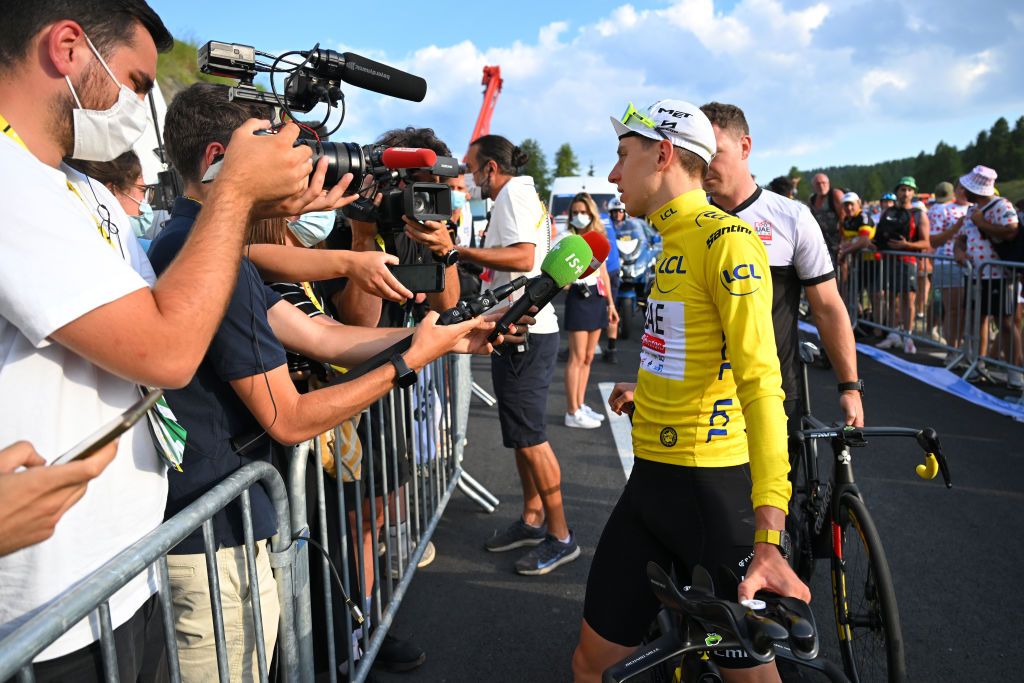 NICE FRANCE JULY 21 Tadej Pogacar of Slovenia and UAE Team Emirates Yellow Leader Jersey meets the media press at start prior to the 111th Tour de France 2024 Stage 21 a 337km individual time trial from Monaco to Nice UCIWT on July 21 2024 in Nice France Photo by Tim de WaeleGetty Images