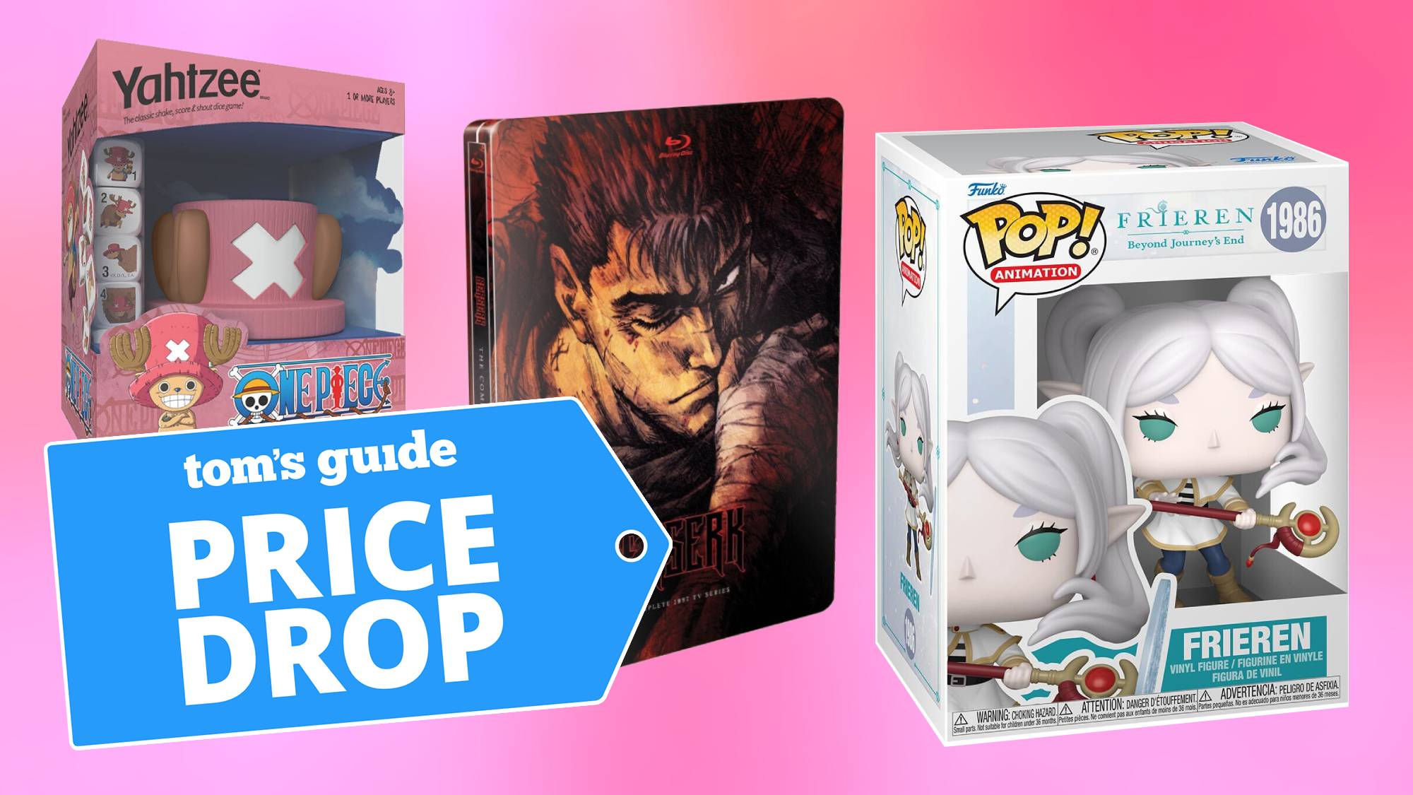 Compilation showing Crunchyroll anime gift ideas; One Piece Yahtzee game, Berserk Blu-Ray Steelbook, Frieren Funko Pop figure