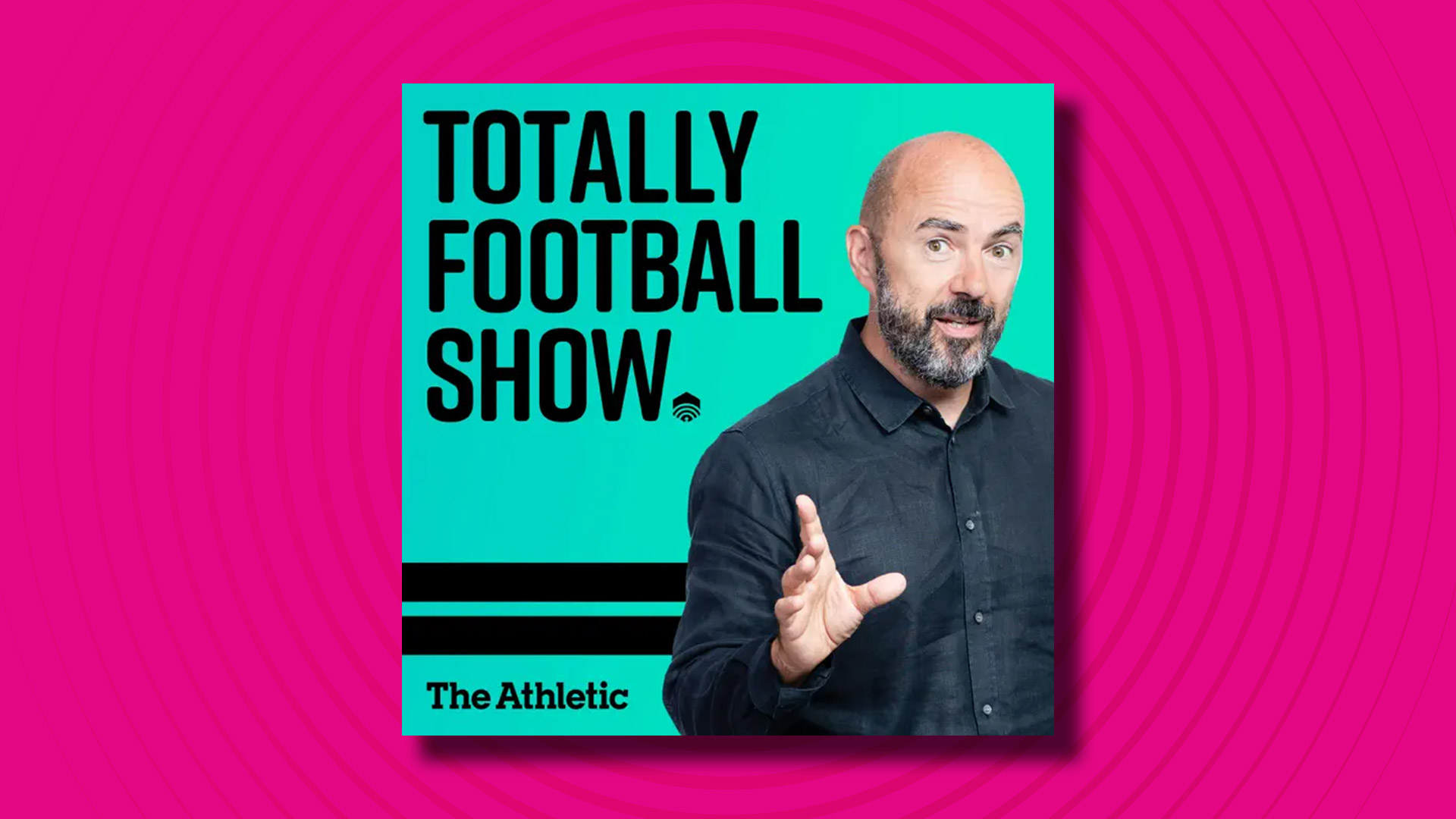 The logo of the Totally Football Show podcast on a pink background
